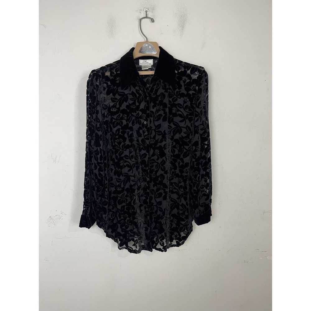 Silk Boutique Womens Shirt Small Black Velvet‎ Burnout Floral Button Up Cocktail